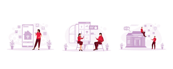 Smart Home concept. Smart home application. Husband and wife relax and control everything with their cellphones. Set Trend Modern vector flat illustration