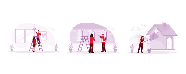 Relocation and DIY concept. Supervise the house being repaired by the contractor. Paint using a paint roller. Home Renovation concept. Set Trend Modern vector flat illustration