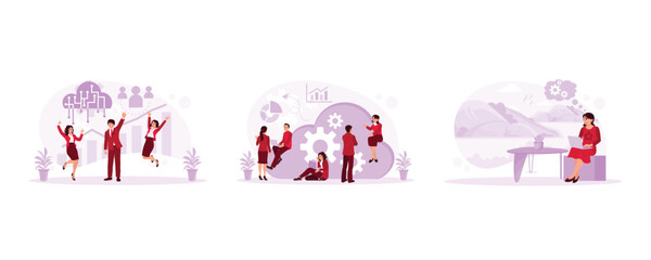 Successful work. Exchange business ideas with each other. Architects develop house designs by working outside the home. Could Computing concept. Set Trend Modern vector flat illustration