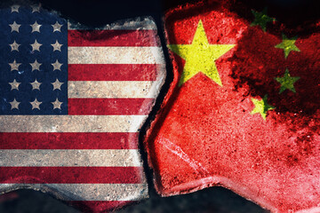 CHINA vs US background concept, Flags of usa or United States of America and China on old cracked...