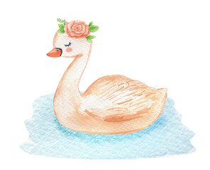 Watercolor beige cute swan with flower. Hand drawn cartoon illustration for kids.