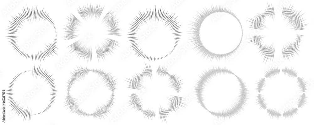 Poster circle sound wave. audio music equalizer. round circular icons set. spectrum radial pattern and freq