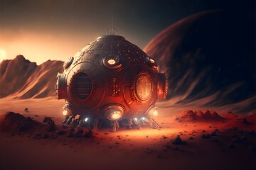small space colony red planet cinematic lighting detailed realistic in focus space ship maximum details UHD HDR 8K surreal hyper details rich colors photograph 