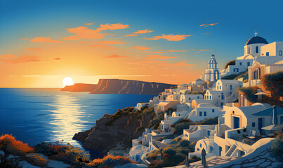 Illustration of Santorini island of Greece, presentation picture, colorful illustration, travel postcard, tourism promotion concept, Generative AI - obrazy, fototapety, plakaty