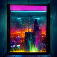 cyberpunk disco bathroom window in the last floor of a skyscraper vivid colors lowfi scifi high vibes 