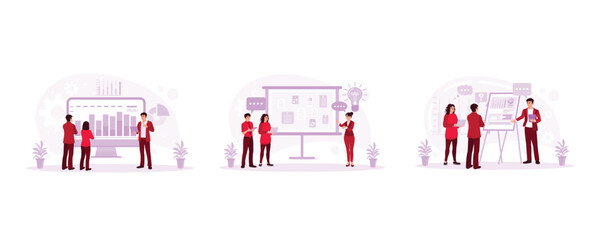 Analyze the growth graph. We are presenting interface design. Hold meetings with colleagues. Presentation concept. set trend modern vector flat illustration
