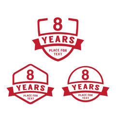 8 years anniversary celebration logotype. 8th anniversary logo collection. Set of anniversary design template. Vector illustration.