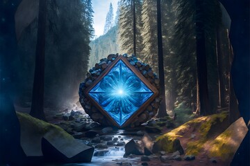 blue crystal illumated stargate in a elvin redwood and sequoia forest on the side a mountain near a stream of raging water  - obrazy, fototapety, plakaty