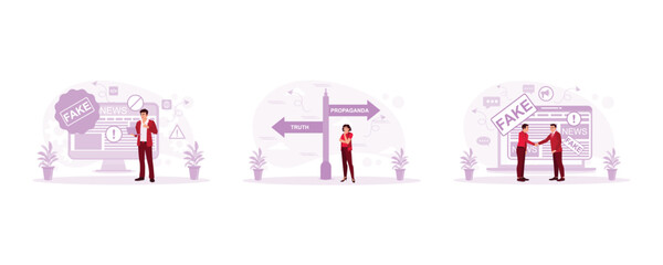 Fake disinformation technology. A call to expose untruths. Spreading false information. Fake News concept.  set modern vector flat illustration