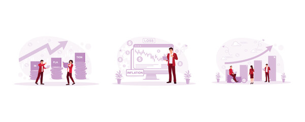 Businessman working with laptop. Tired and a lot of work. Frustrated because of many problems. Frustrated concept. set trend modern vector flat illustration