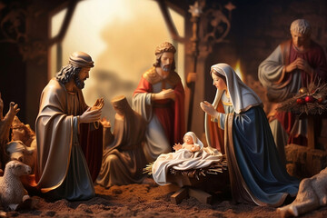 virgin Mary and baby Jesus and family, Capturing Christmas: Artful Nativity Scenes Illustrating the Biblical Tale, with Figurines, Crèches, and Dioramas. - obrazy, fototapety, plakaty