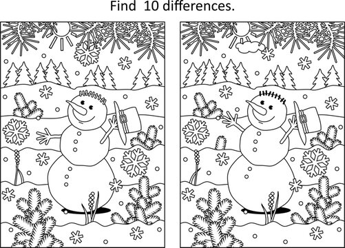 Difference game or picture puzzle and coloring page with happy cheerful snowman walking outdoor
