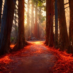 enchanted forest with a path between the trees sun shining embers orange and reds tall redwoods Cinematic Lighting 3d render hyper detailed 8k Upscaled 