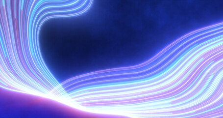Abstract bright blue purple glowing flying waves from twisted lines energy magical background
