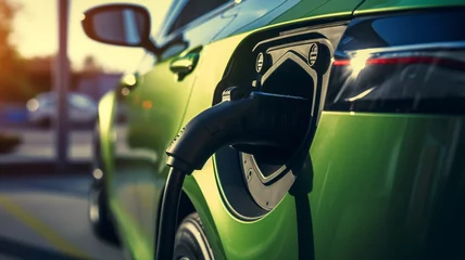 Fotobehang Electric vehicle charging port plugging in car © Slowlifetrader