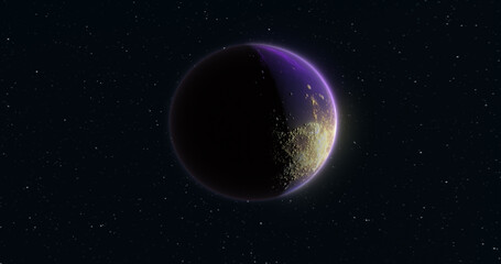 Abstract realistic space spinning planet round sphere with a blue water surface in space against the background of stars