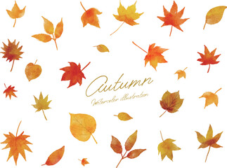 秋で紅葉した葉っぱやモミジ等の水彩画イラストセット