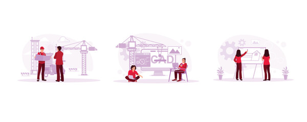 Building in the process of interior construction. Working on Building Complex Prototype Projects. Working on architectural projects. Architect concept. Set Trend Modern vector flat illustration