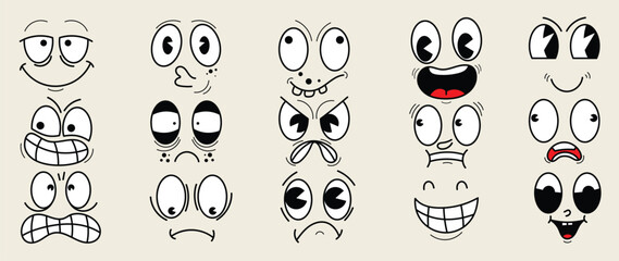 Set of 70s groovy comic faces vector. Collection of cartoon character faces, in different emotions, happy, angry, sad, cheerful. Cute retro groovy hippie illustration for decorative, sticker.