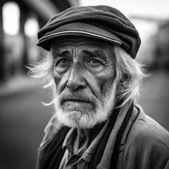 Portrait of old homeless man