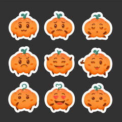 Pumpkin character cartoon. Sticker Bookmark. Beautiful cute vegetable. Halloween holiday. Vector drawing. Collection of design elements.