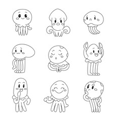 Octopus character of the underwater world. Coloring Page. Cartoon aquatic animal. Sea life. Vector drawing. Collection of design elements.