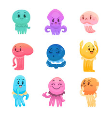 Octopus character of the underwater world. Cartoon aquatic animal. Sea life. Vector drawing. Collection of design elements.