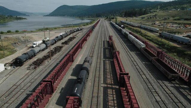 Aerial Drone Footage Of Macmillan Cn Train Yard In Vaughan, Canada. The