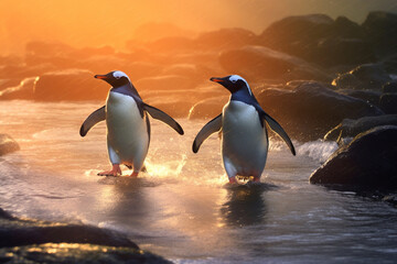 Gentoo Penguins coming ashore in a Islands, soft lightinig