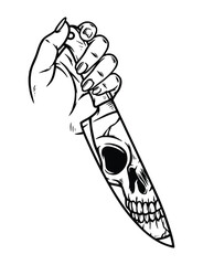 hand holding knife and skull face