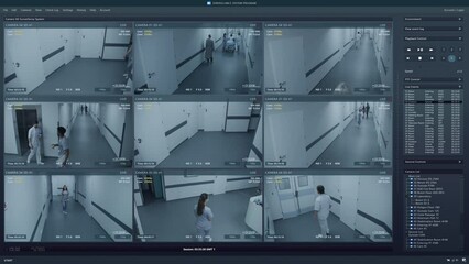 Playback CCTV cameras in clinic on PC screen. User interface of surveillance system program. Medical staff and patients walking in hospital hallway. Security cameras footage. Concept of monitoring.