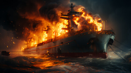 Large burning cargo ship tanker carrying oil in the sea or ocean - obrazy, fototapety, plakaty