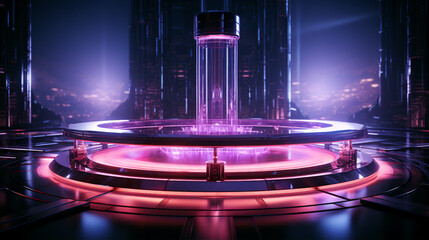 Abstract neon purple futuristic cylindrical round hi-tech platform stand