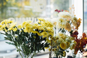 fresh flowers on window case, flower shop business