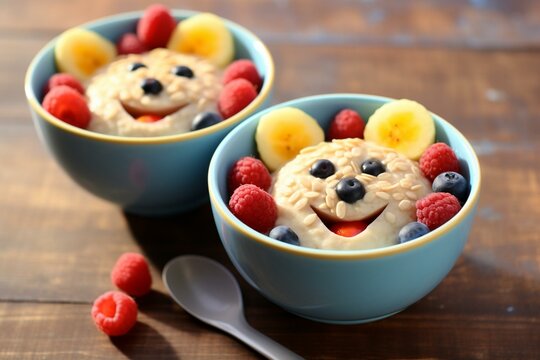 Fruity and funny animal face oat porridge in kid-friendly serving bowls. Generative AI