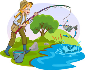 Obraz na płótnie Canvas vector illustration of woman fishing