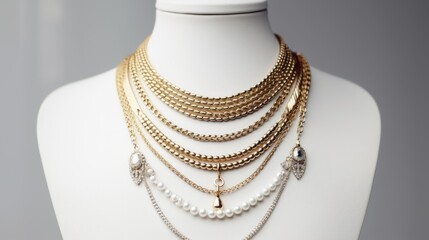 a necklace on a white mannequin bust. The necklace has multiple layers of gold and pearl chains, creating a glamorous and elegant look. The chains have different lengths and thicknesses, adding - obrazy, fototapety, plakaty