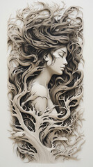 An AI generated abstract image of a craved girl with long hair between the roots on a white surface.