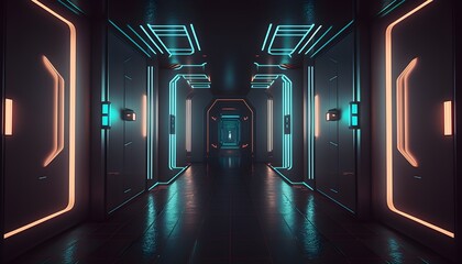 futuristic alien passageway deepspace neon lights dark lighting technological 4k  - obrazy, fototapety, plakaty