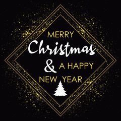 Merry Christmas Lettering with a golden frame and sparkle on black background, text design, vector illustration