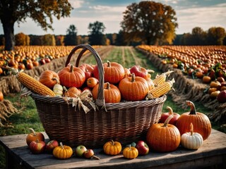 Basket of Pumpkins Cornucopia Fall Harvest Scene, Apples, and Corn on Top of Table With Field Trees And Sky Background, Still Life. 