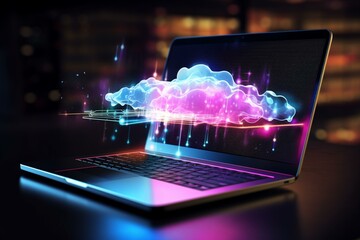 Close-up of laptop with glowing cloud computing hologram. Database concept. Generative AI
