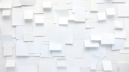 A creative and chaotic image of a white wall covered in white sticky notes. The sticky notes are arranged in a random and haphazard manner. The notes are of different sizes and shapes. - obrazy, fototapety, plakaty