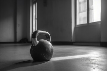 Gray kettlebell in empty room, strength training, fitness. Generative AI