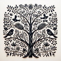 An AI generated hand drawn artwork of tree and nature and birds in black and white minimal abstract style.