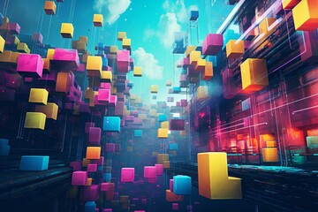 Vibrant gaming-themed wallpaper featuring pixelated block graphics. Generative AI