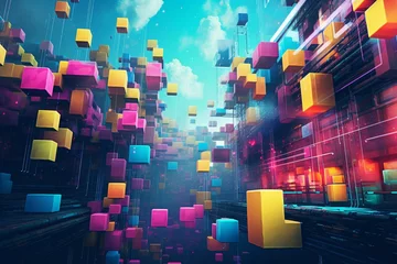 Blickdichte Vorhänge Minecraft Vibrant gaming-themed wallpaper featuring pixelated block graphics. Generative AI
