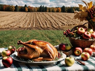 Thanksgiving Turkey Fall Harvest Scene, ,with Apples, Pie, and Corn on Top of Table With Field Trees And Sky Background, Still Life. 