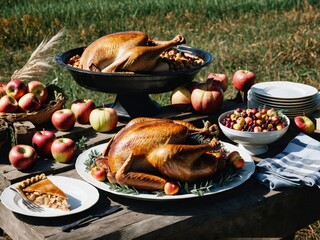 Thanksgiving Turkey Fall Harvest Scene, ,with Apples, Pie, and Corn on Top of Table With Field Trees And Sky Background, Still Life. 