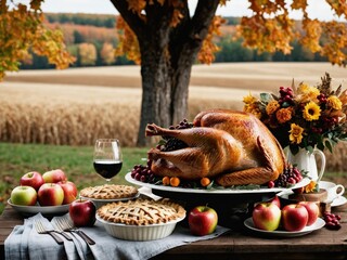 Thanksgiving Turkey Fall Harvest Scene, ,with Apples, Pie, and Corn on Top of Table With Field Trees And Sky Background, Still Life. 